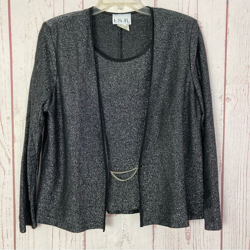 Vintage I.S.B. Women's 16 Long Sleeve Cardigan Shimmery Glitter Silver USA Made
